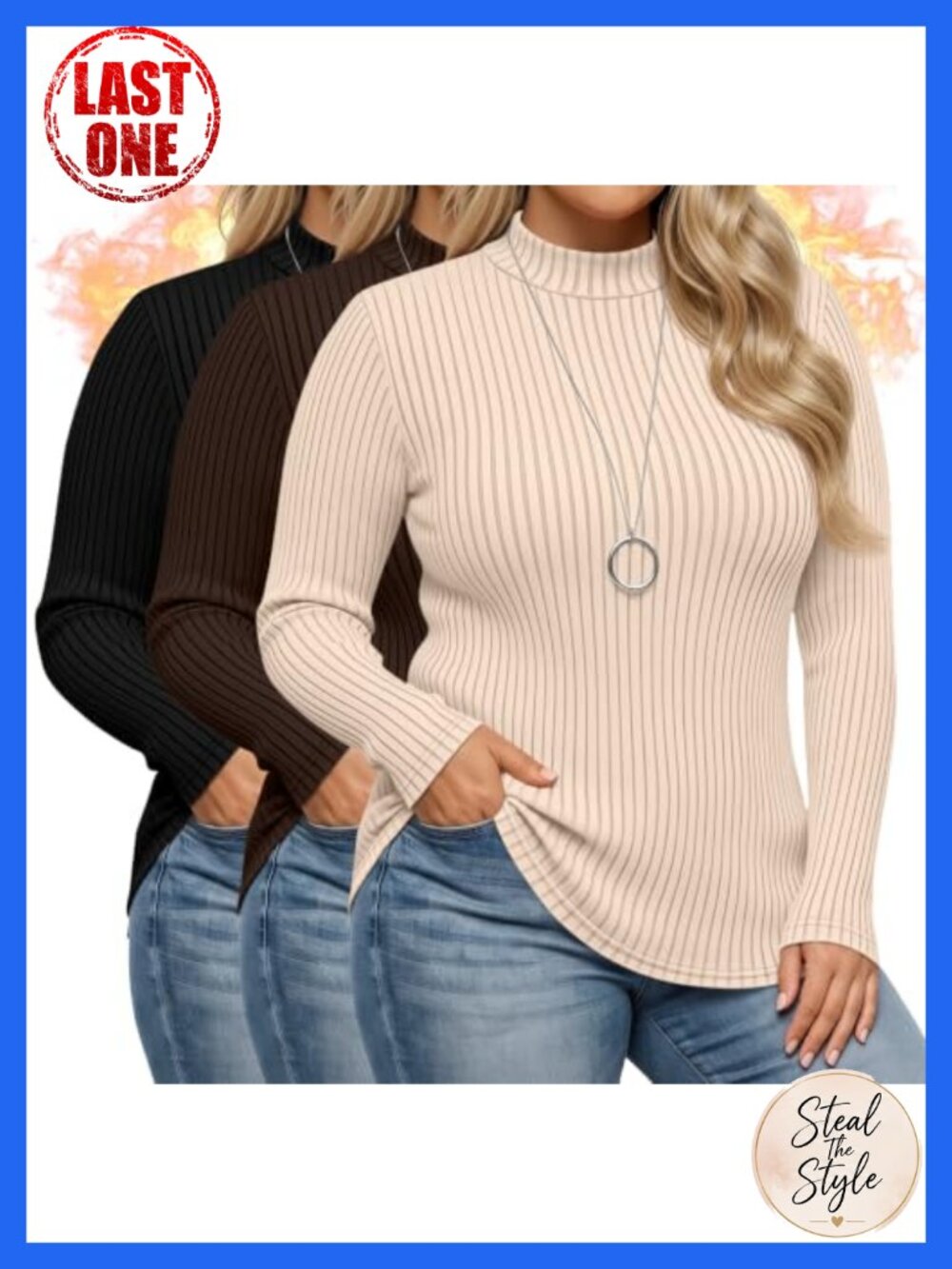 Plus Size Mock Turtleneck 3 Pack Long Sleeve Ribbed Tee Slim Fit
